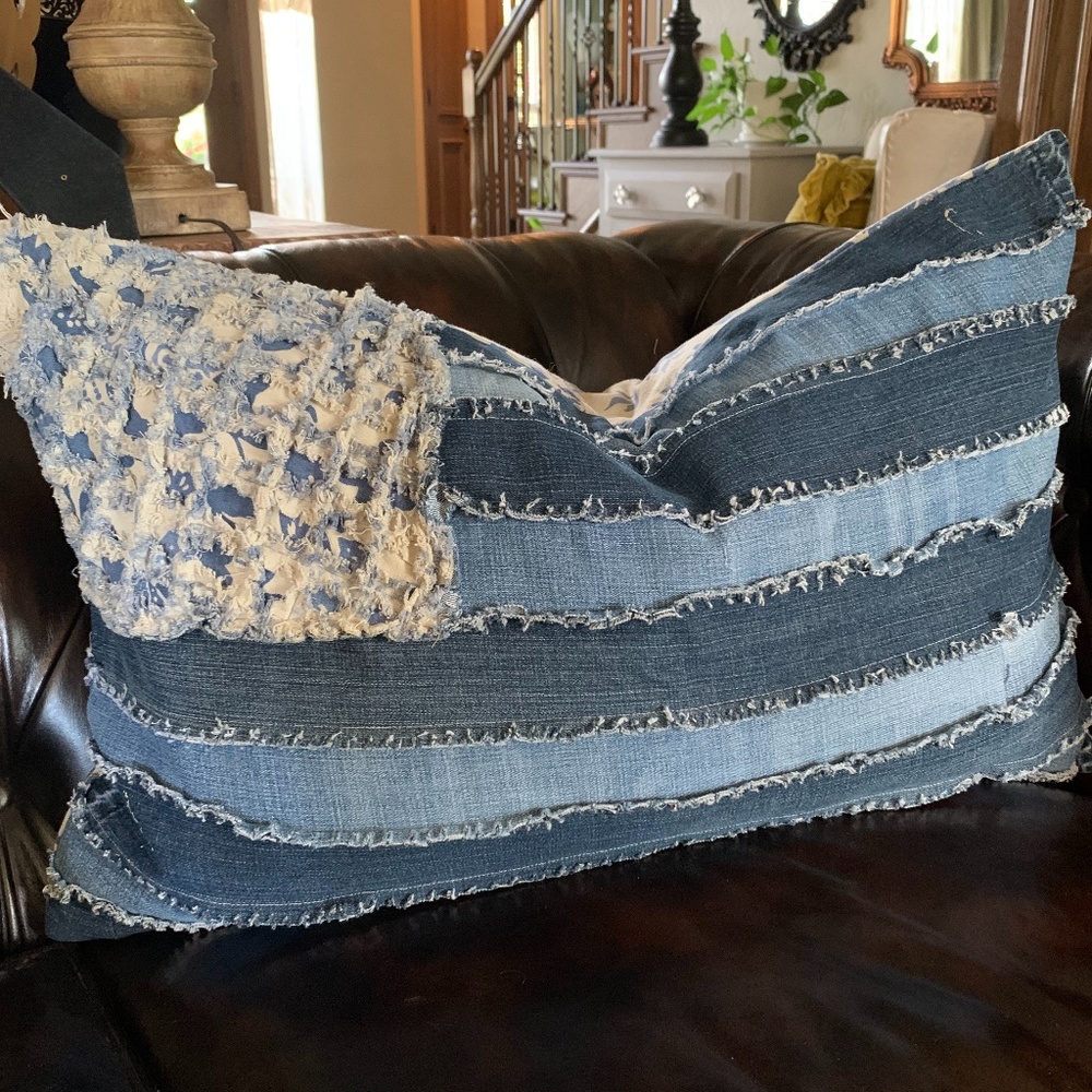 NEW - Custom Made Boho Denim Flag Pillow Cover